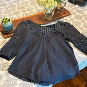 Karlie Navy Crochet Yoke Blouse